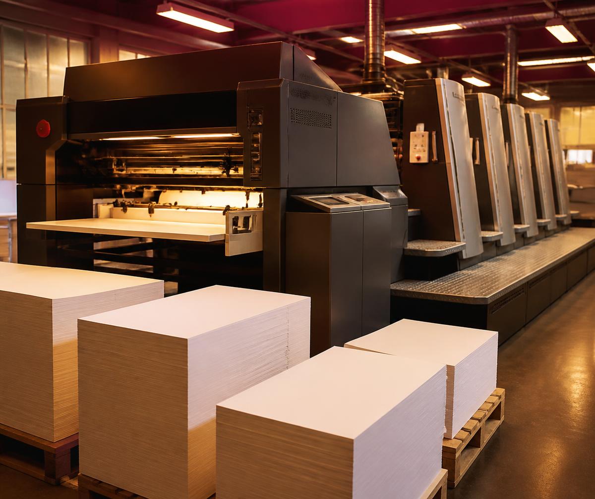 Modern offset printing press producing printed sheets